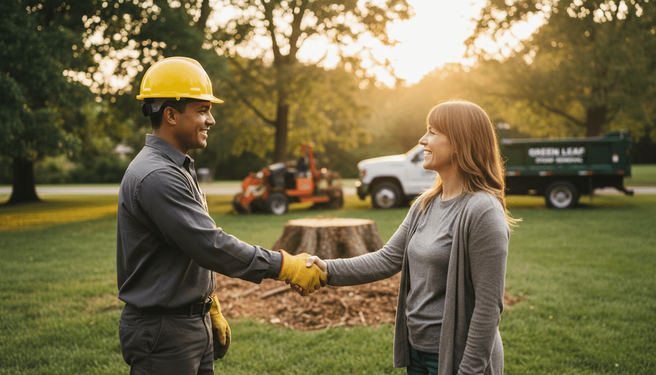 Tree service worker shaking hands with homeowner after finishing the job