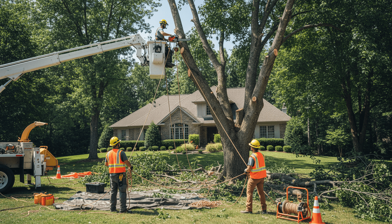Professional tree removal crew operating bucket truck with coordinated ground team on residential property
